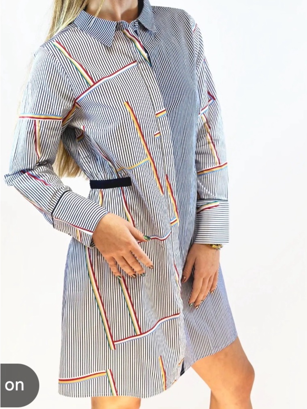Mixed-Stripe Longline Button-Down Dress - Navy & Red with Orange Accent